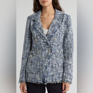 Ellen Tracy Stylish,Chic Blue Double Breasted Boucle Fringe Trim Blazer Sz S NWT